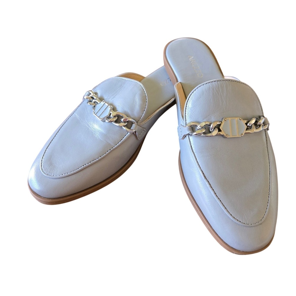 Arezzo Chic Lt.Blue Gray Leather Chain Link Mules Flat Slides Brazil 36 EUR/5.5
